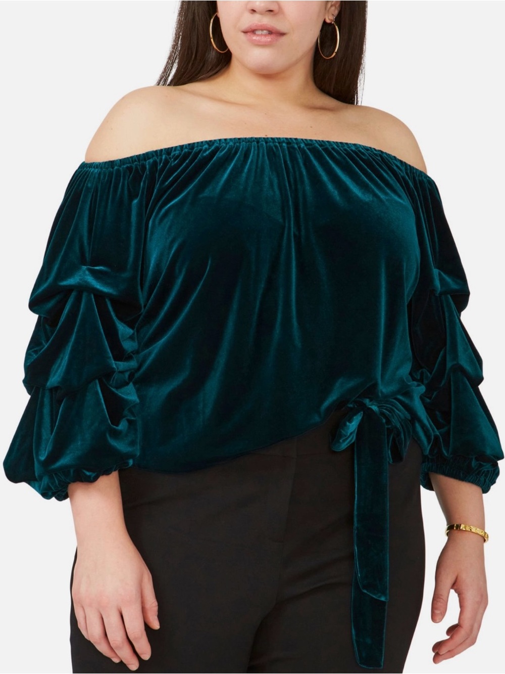 MSK Woman 3/4 Ruched Sleeve Velvet Top in Deep Green, Sz: XL